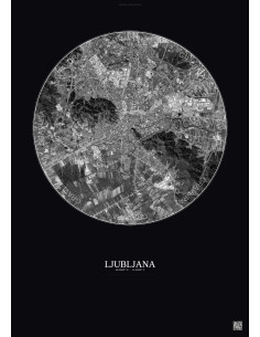 Affiche Ljubljana – Poster vue satellite 6km N&B | Gravura – Fond foncé