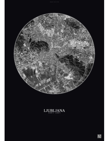 Ljubljana Satellite View Poster 6km B&W | Gravura – Dark background