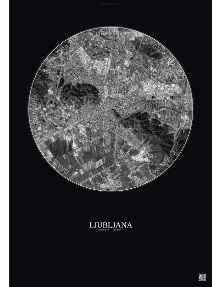 Ljubljana Satellite View Poster 6km B&W | Gravura – Dark background