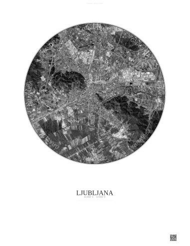 Affiche Ljubljana – Poster vue satellite 6km N&B | Gravura – Fond clair