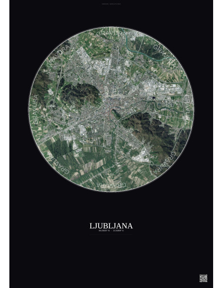 Affiche Ljubljana – Poster vue satellite 6km Couleur | Gravura – Fond foncé