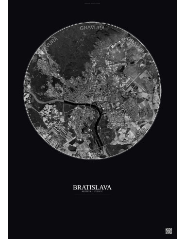Affiche Bratislava – Poster vue satellite 10km N&B | Gravura – Fond foncé