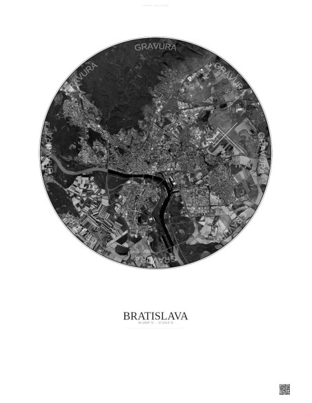 Affiche Bratislava – Poster vue satellite 10km N&B | Gravura – Fond clair