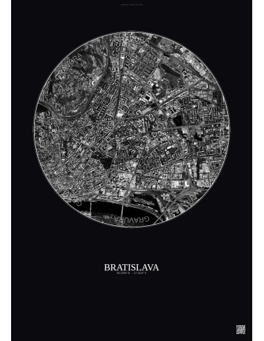 Affiche Bratislava – Poster vue satellite 2.5km N&B | Gravura – Fond foncé