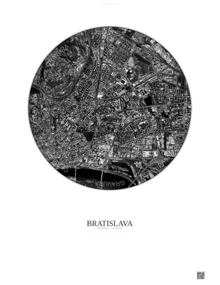 Affiche Bratislava – Poster vue satellite 2.5km N&B | Gravura – Fond clair