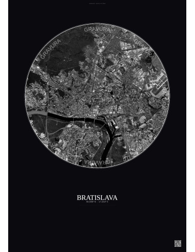 Affiche Bratislava – Poster vue satellite 6km N&B | Gravura – Fond foncé