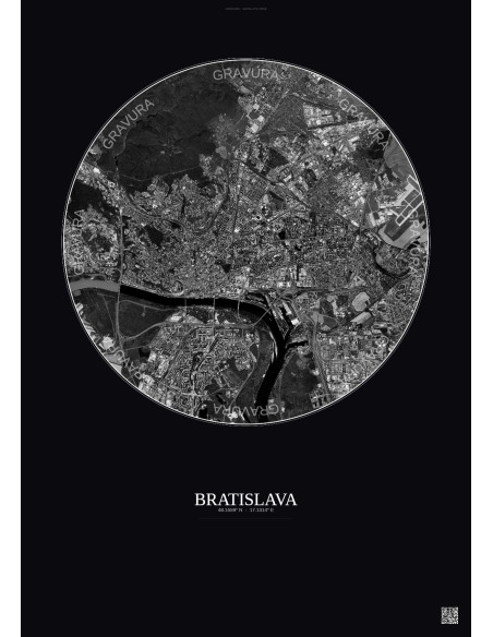 Affiche Bratislava – Poster vue satellite 6km N&B | Gravura – Fond foncé