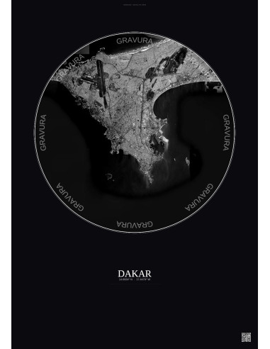 Affiche Dakar – Poster vue satellite 10km N&B | Gravura – Fond foncé