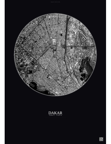 Affiche Dakar – Poster vue satellite 2.5km N&B | Gravura – Fond foncé