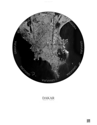 Affiche Dakar – Poster vue satellite 6km N&B | Gravura – Fond clair
