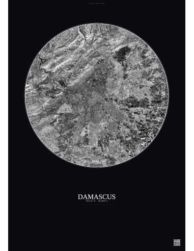 Affiche Damascus – Poster vue satellite 10km N&B | Gravura – Fond foncé
