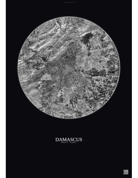 Affiche Damascus – Poster vue satellite 10km N&B | Gravura – Fond foncé