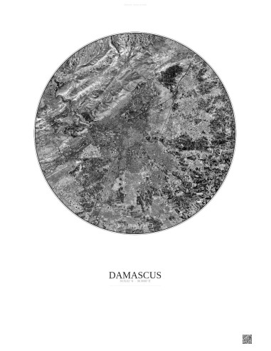Affiche Damascus – Poster vue satellite 10km N&B | Gravura – Fond clair