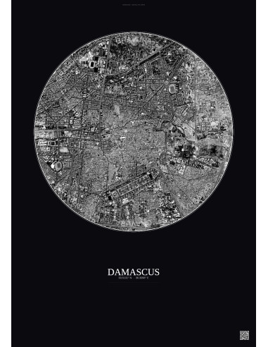 Affiche Damascus – Poster vue satellite 2.5km N&B | Gravura – Fond foncé