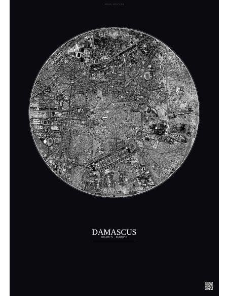 Affiche Damascus – Poster vue satellite 2.5km N&B | Gravura – Fond foncé