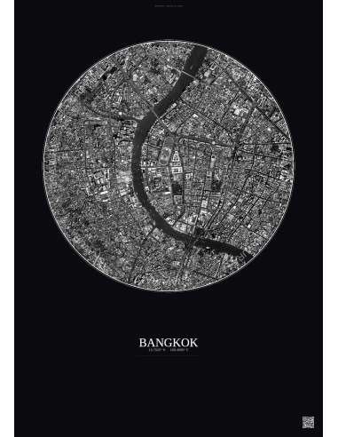 Affiche Bangkok – Poster vue satellite 2.5km N&B | Gravura – Fond foncé