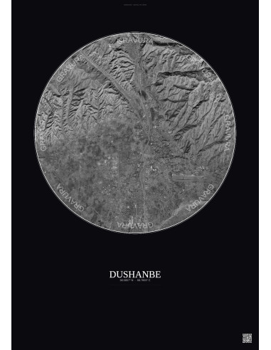 Affiche Dushanbe – Poster vue satellite 10km N&B | Gravura – Fond foncé