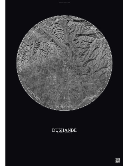 Affiche Dushanbe – Poster vue satellite 10km N&B | Gravura – Fond foncé