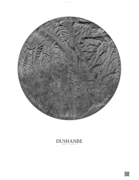Affiche Dushanbe – Poster vue satellite 10km N&B | Gravura – Fond clair