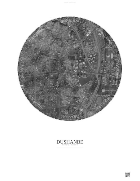 Affiche Dushanbe – Poster vue satellite 2.5km N&B | Gravura – Fond clair