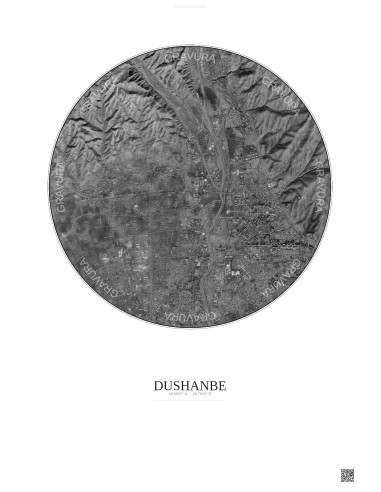 Dushanbe Satellite View Poster 6km B&W | Gravura – Light background