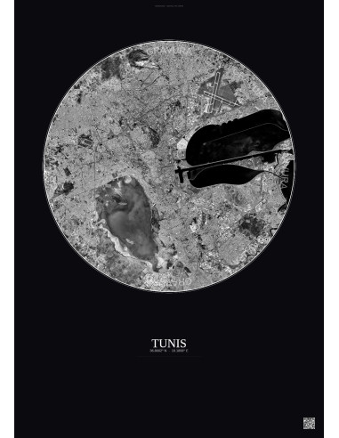 Tunis Satellite View Poster 10km B&W | Gravura – Dark background