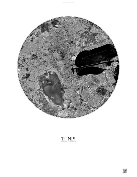 Tunis Satellite View Poster 10km B&W | Gravura – Light background
