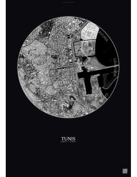 Affiche Tunis – Poster vue satellite 2.5km N&B | Gravura – Fond foncé