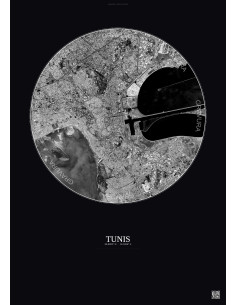 Affiche Tunis – Poster vue satellite 6km N&B | Gravura – Fond foncé