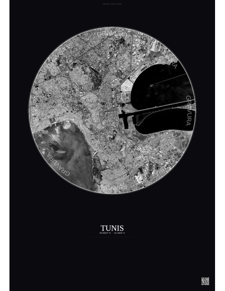 Tunis Satellite View Poster 6km B&W | Gravura – Dark background