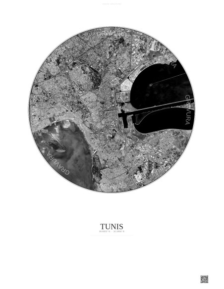 Tunis Satellite View Poster 6km B&W | Gravura – Light background