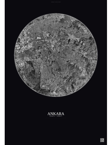 Affiche Ankara – Poster vue satellite 10km N&B | Gravura – Fond foncé