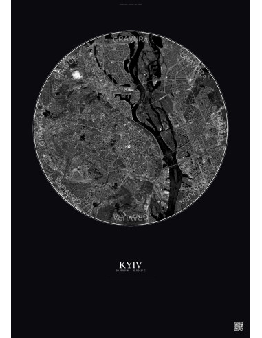 Affiche Kyiv – Poster vue satellite 10km N&B | Gravura – Fond foncé