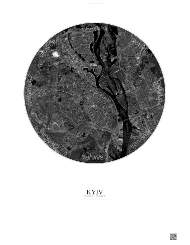 Affiche Kyiv – Poster vue satellite 10km N&B | Gravura – Fond clair