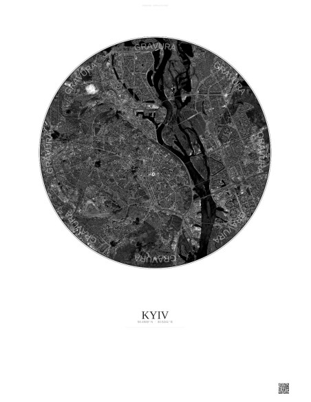 Affiche Kyiv – Poster vue satellite 10km N&B | Gravura – Fond clair
