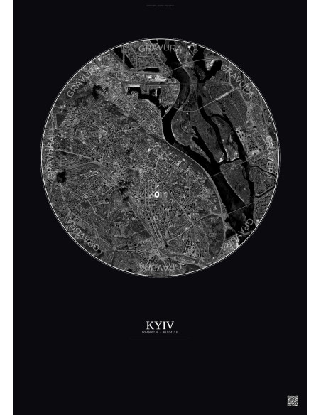 Affiche Kyiv – Poster vue satellite 6km N&B | Gravura – Fond foncé