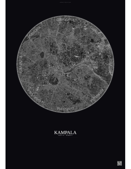Affiche Kampala – Poster vue satellite 6km N&B | Gravura – Fond foncé