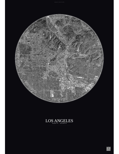 Affiche Los Angeles – Poster vue satellite 10km N&B | Gravura – Fond foncé