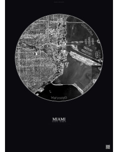 Affiche Miami – Poster vue satellite 5km N&B | Gravura – Fond foncé