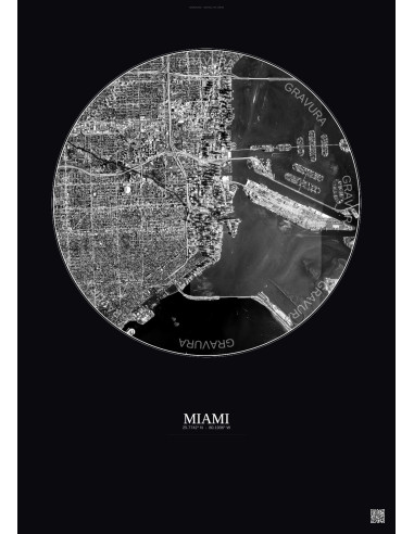 Affiche Miami – Poster vue satellite 5km N&B | Gravura – Fond foncé