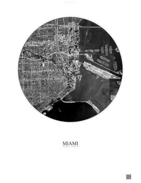 Affiche Miami – Poster vue satellite 5km N&B | Gravura – Fond clair