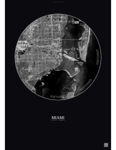 Affiche Miami – Poster vue satellite 10km N&B | Gravura – Fond foncé