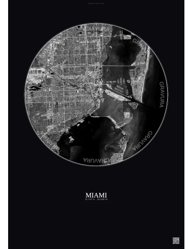 Affiche Miami – Poster vue satellite 10km N&B | Gravura – Fond foncé