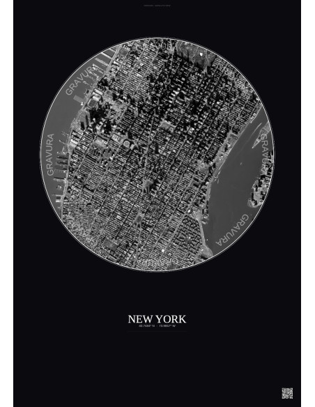 Affiche New York – Poster vue satellite 2.5km N&B | Gravura – Fond foncé