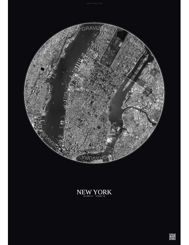 Affiche New York – Poster vue satellite 5km N&B | Gravura – Fond foncé