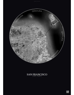 Affiche San Francisco – Poster vue satellite 6km N&B | Gravura – Fond foncé