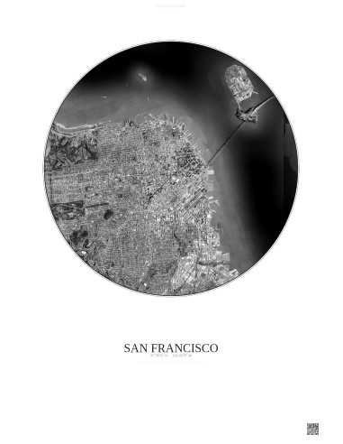 San Francisco Satellite View Poster 6km B&W | Gravura – Light background