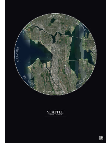 Affiche Seattle – Poster vue satellite 10km Couleur | Gravura – Fond foncé