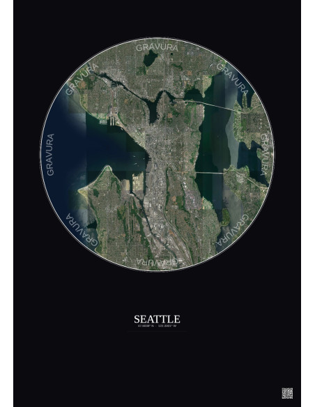 Affiche Seattle – Poster vue satellite 10km Couleur | Gravura – Fond foncé