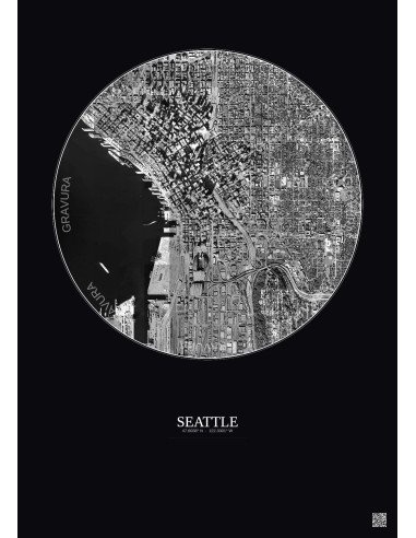 Seattle Satellite View Poster 2.5km B&W | Gravura – Dark background